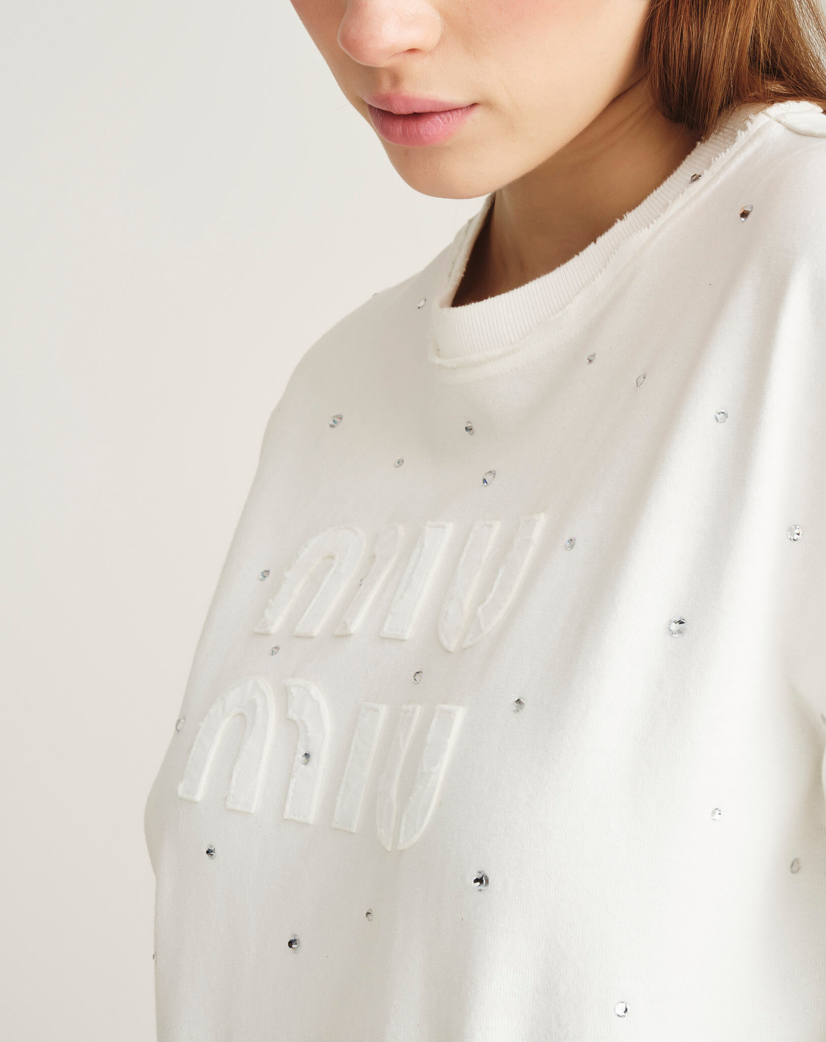 Miu Miu - Crystal Embellished Distressed Logo Cropped Tshirt S